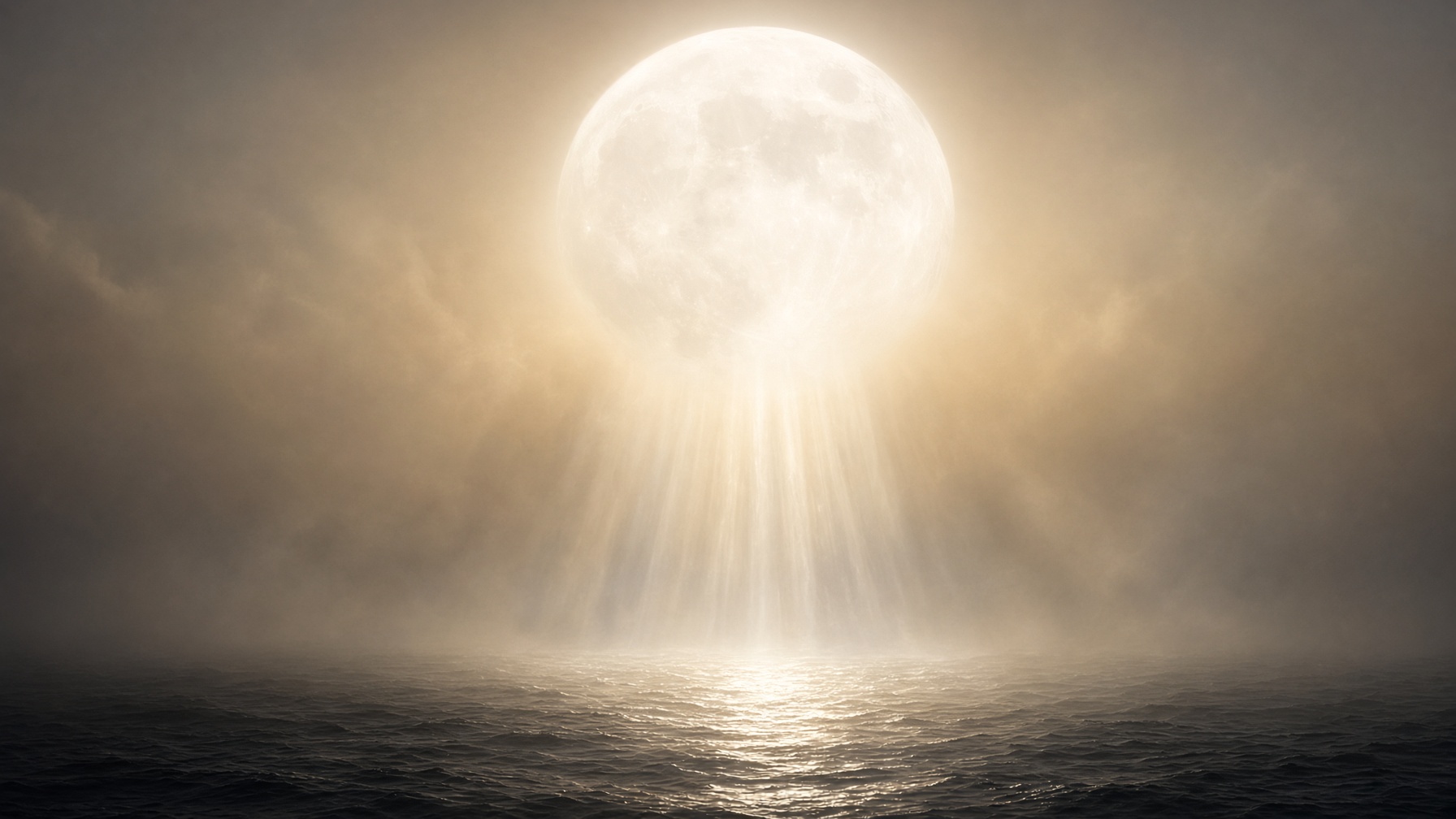 A single immense pale sun over a black southern sea. A column of light-water falling like an urn. Mythopoesis, not a sky map.