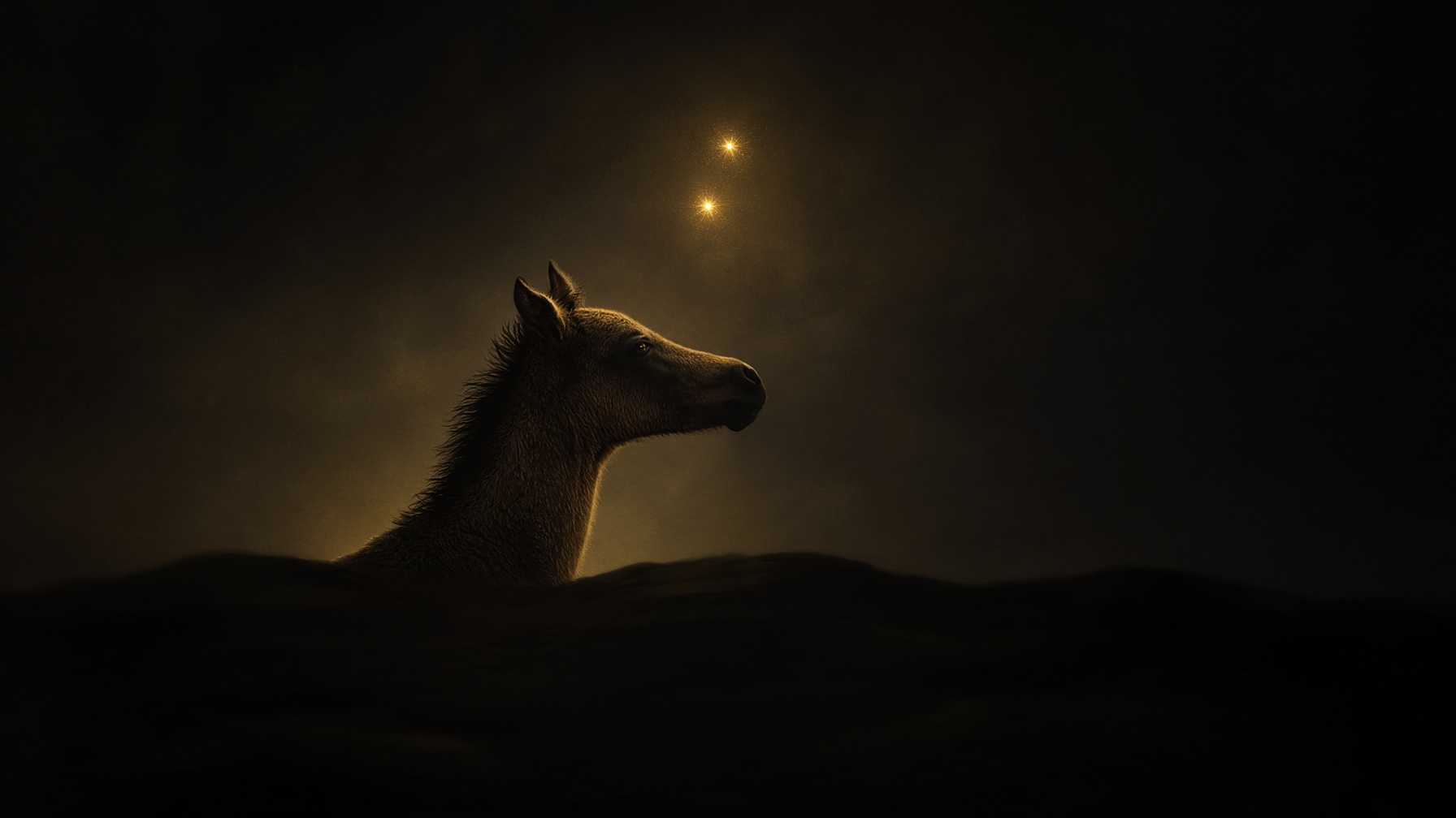 A foal’s head rising on a dark horizon under two synchronized stars.