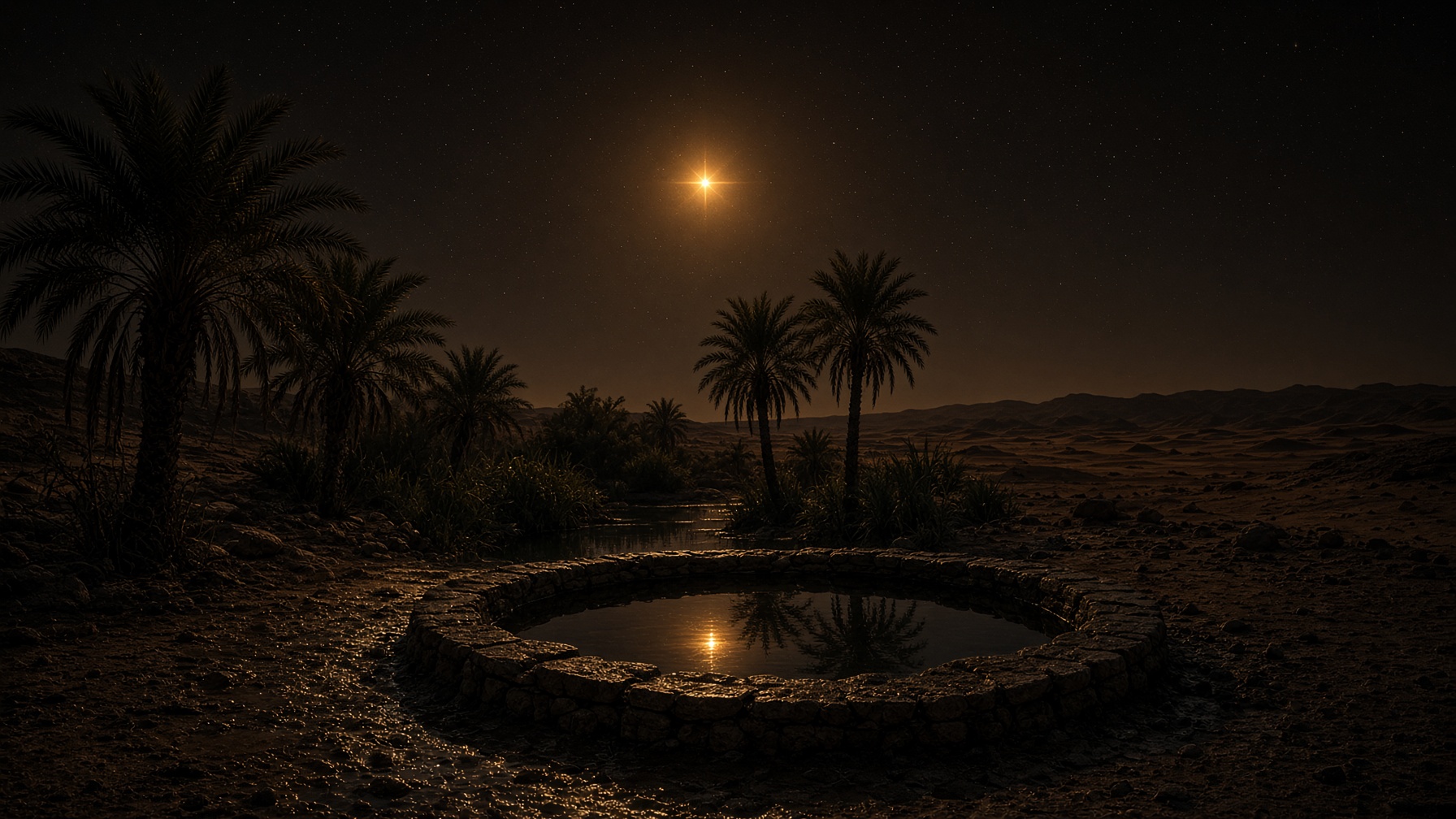 Honey-gold star over a dark oasis well. Mythopoesis, not a sky map.