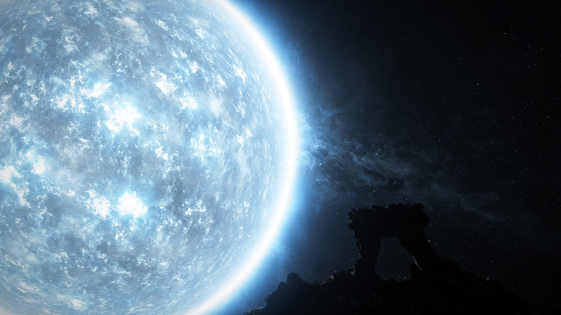 Rigel as a breathing blue-white supergiant. Photoreal night. Not a sky map of Orion.