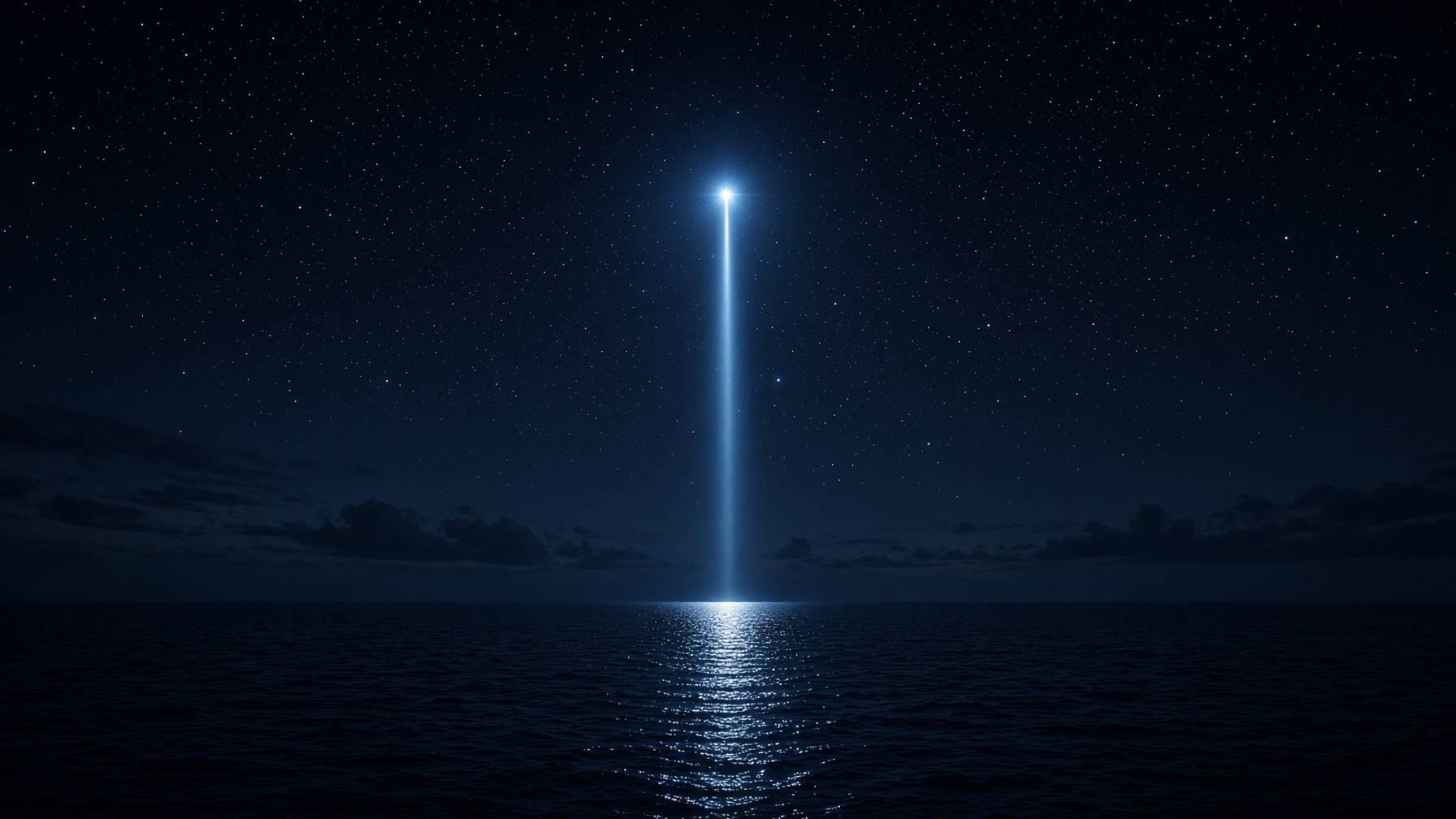 The brightest star as a lighthouse beam over dark water. Mythopoesis, not a sky map.