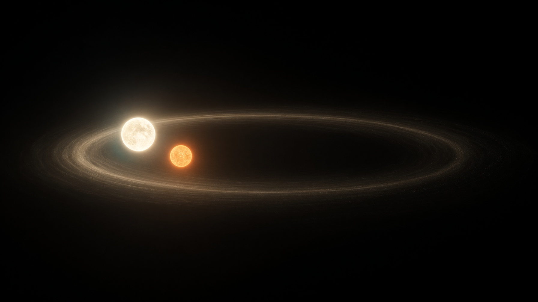 Two neighboring suns, cream-white and orange, walking a long oval of gold dust. Mythopoesis, not a sky map.