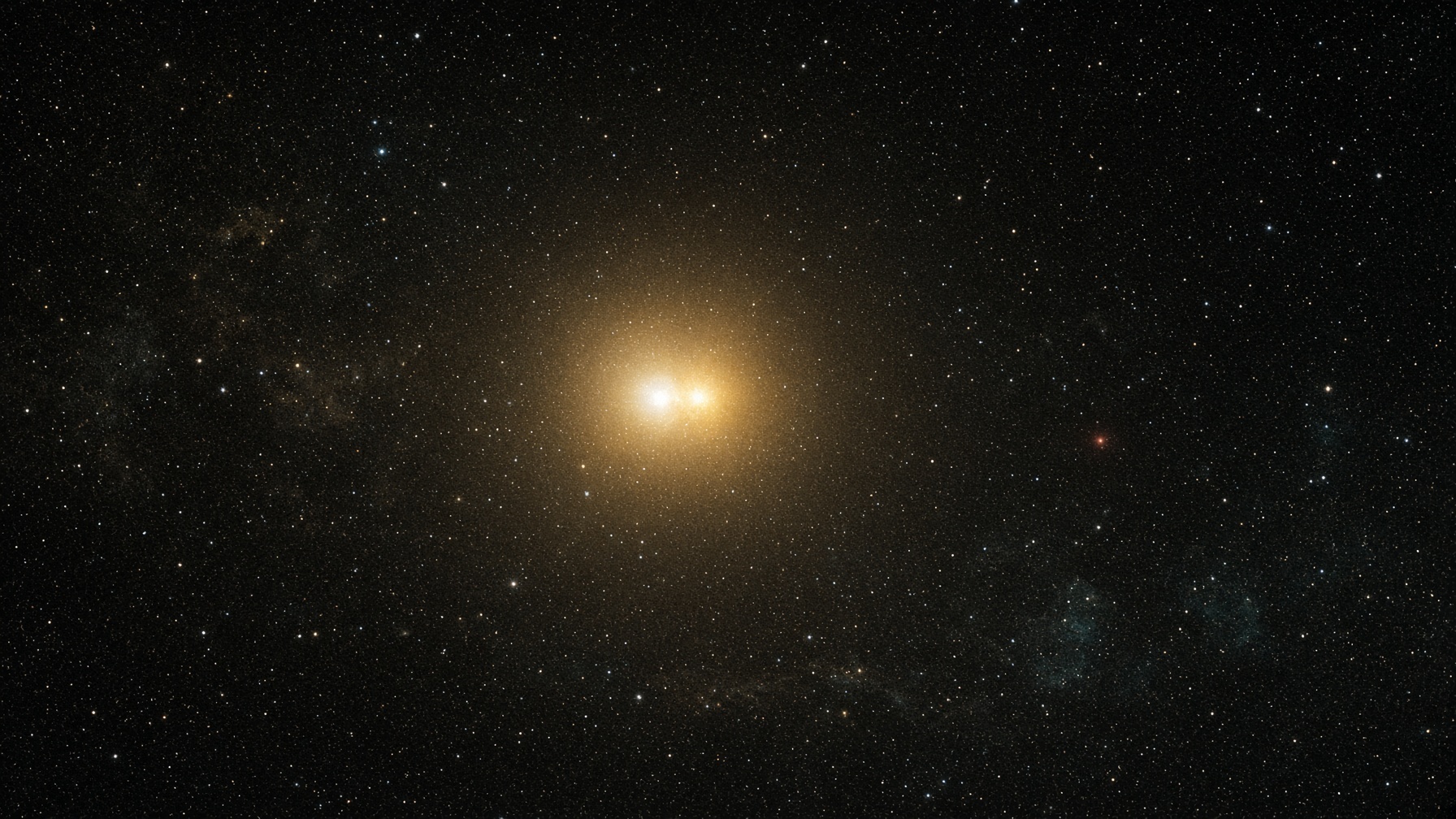 Alpha Centauri region as a physical plate. Two bright gold-white suns, a faint red companion off to the side. Night grain. Not a photograph of a planet.