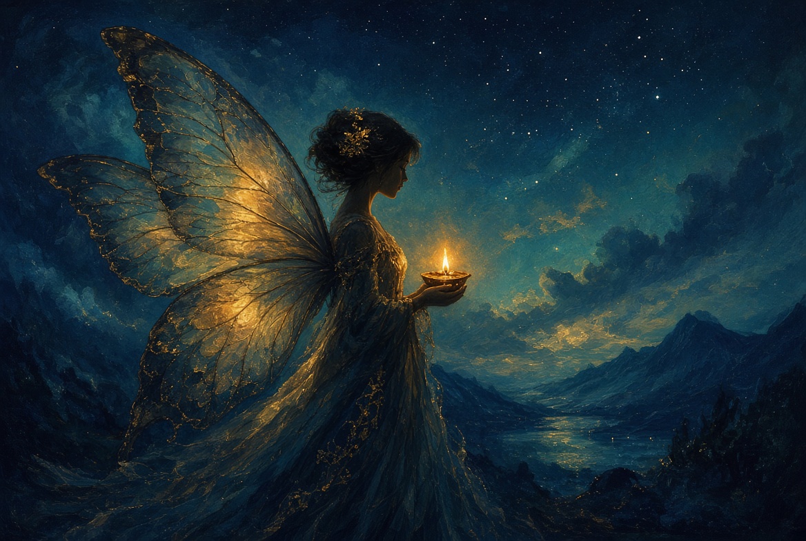 Painterly night, figure with oil lamp and butterfly suggestion, no labels