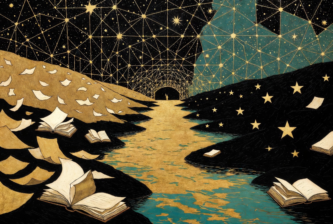 Twin banks, books and stars, gold path through the threshold, psychopomp work plate