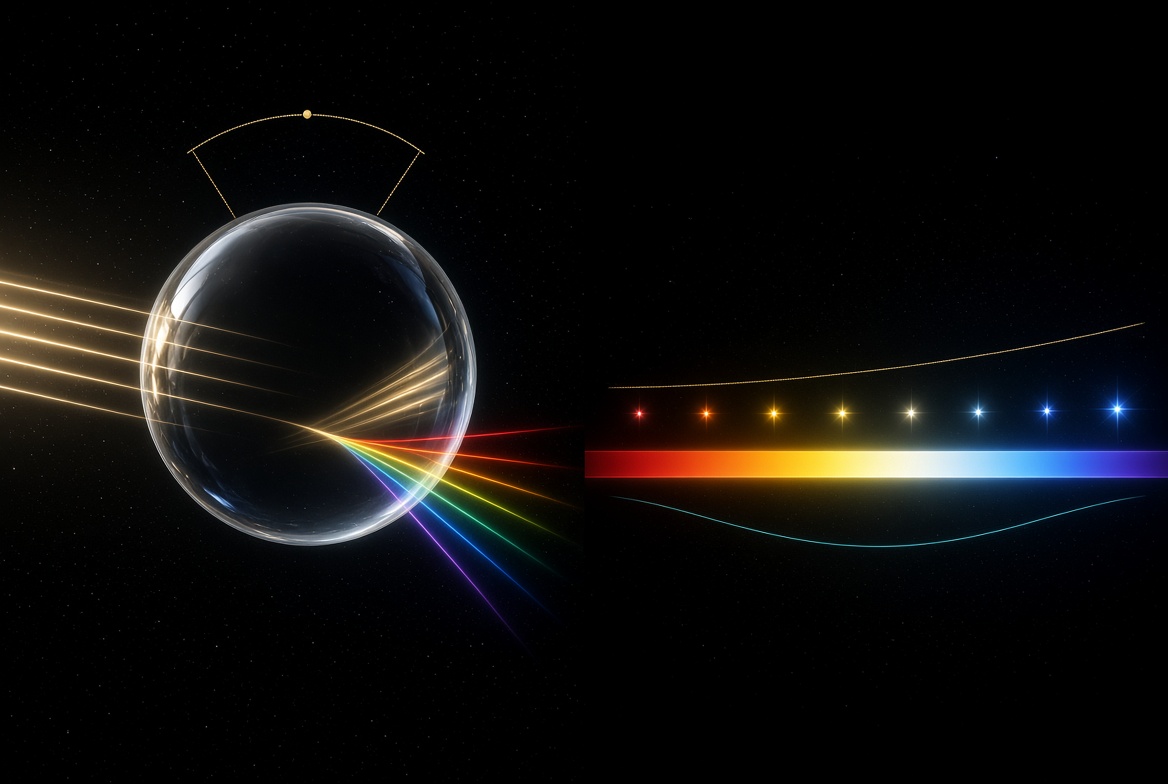 Photoreal water-droplet rainbow geometry beside stellar spectral color sequence · 42° optics · Book night field