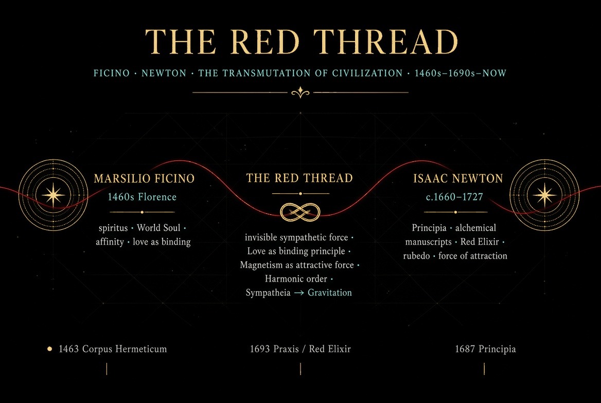 Branded map: Ficino spiritus, red thread of sympatheia · Newton Principia and Red Elixir