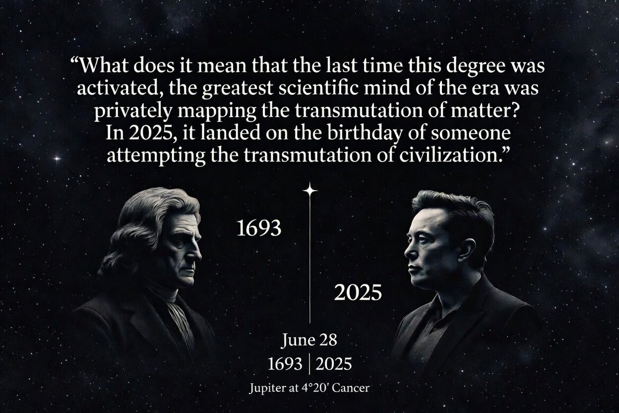 Newton and Elon face each other under a starfield. Quote on the hinge of 1693 and 2025. June 28 · Jupiter at 4°20′ Cancer.