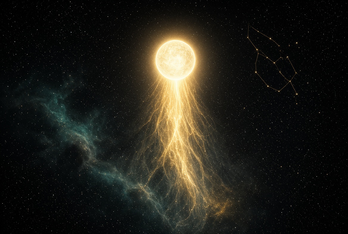 Pale-gold supergiant pouring luminous streams into deep space beside Aquarius constellation lines · Sadalsuud masthead