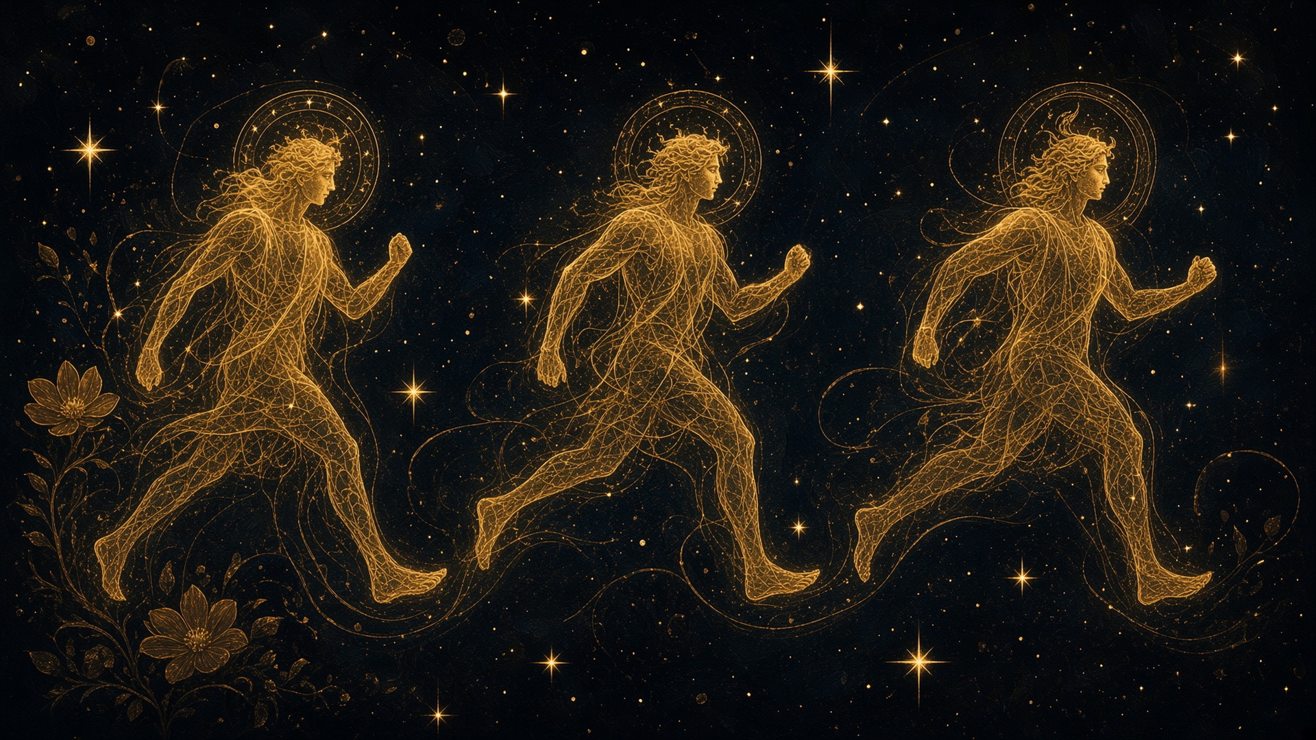 Mythopoesis · not a sky map. Three gold steps across a listening night. Śravaṇa: Vishnu’s measure. The ear before speech.