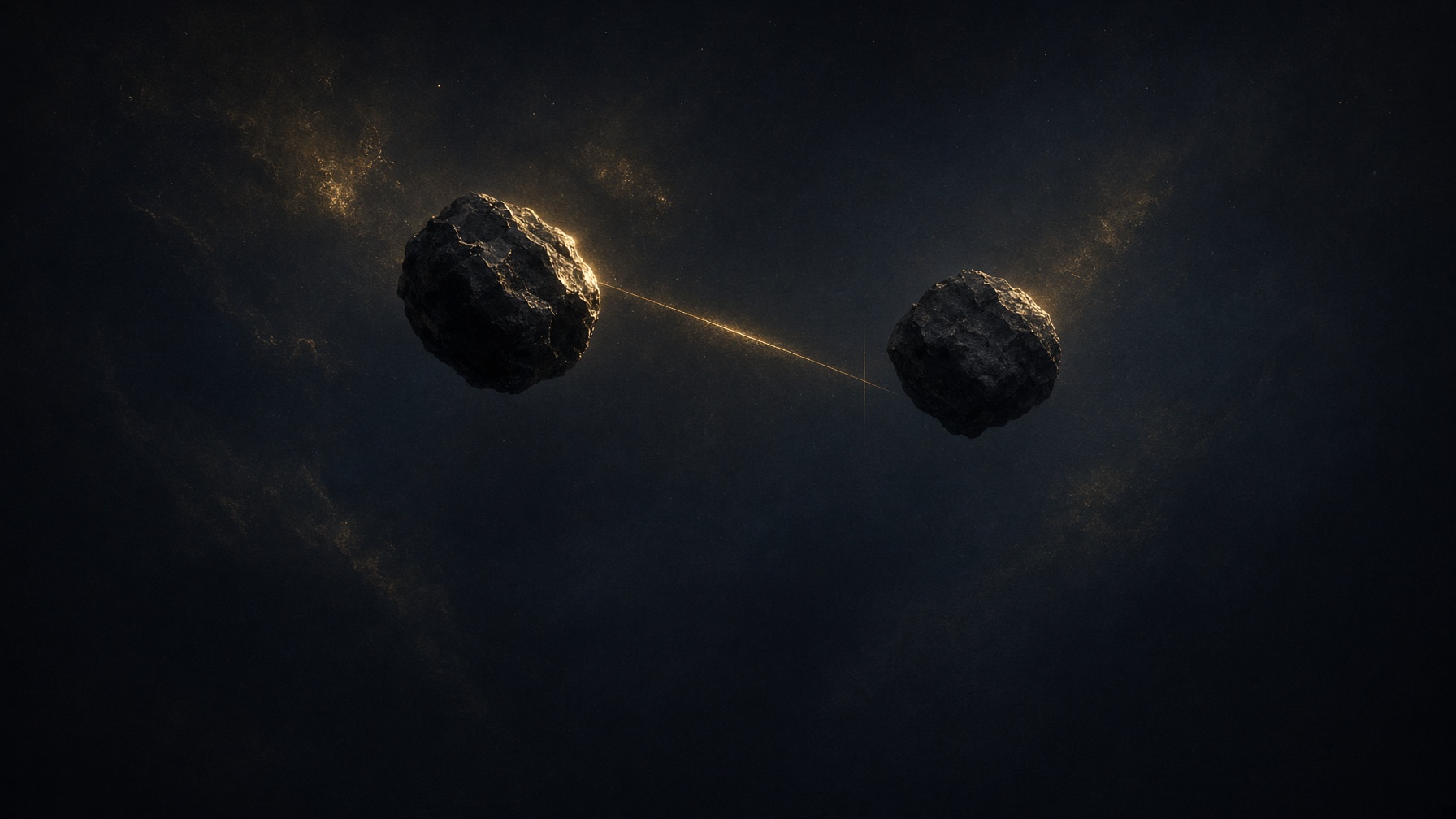 Two small irregular worlds in deep night, a thin gold filament of light between them. No faces, no craft, no lockup.