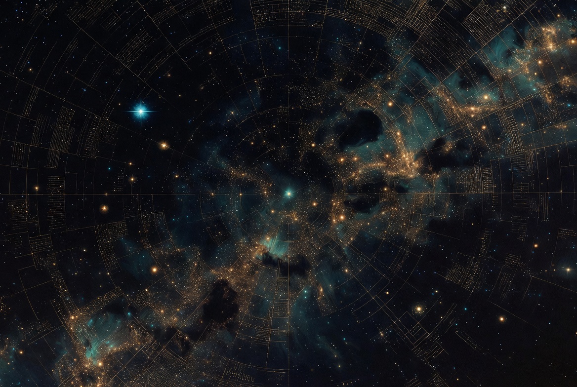 Full-bleed stellar lattice night · Dog Star glow, gold catalog arcs, no labels