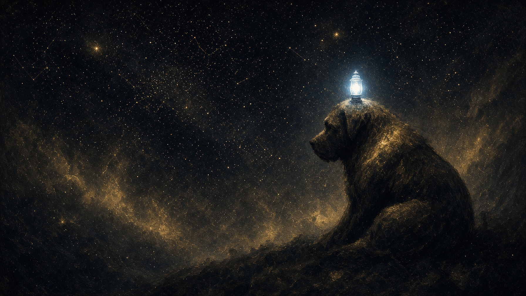 Painterly night. A blue-white lamp that looks alone on the dog's hind, a faint second gleam.