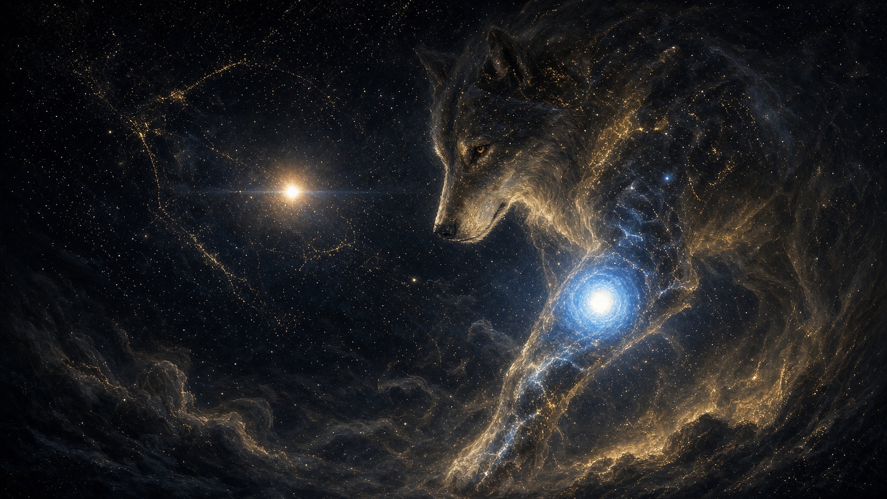Painterly night. A blue-white B giant on the dog's front leg, Sirius farther back.