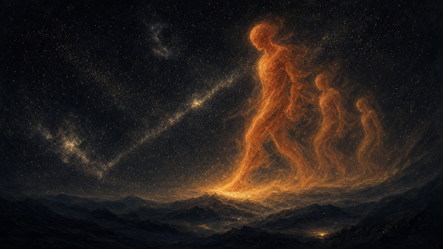 Painterly night. An orange-red giant taking a first step, two fainter companions bound.