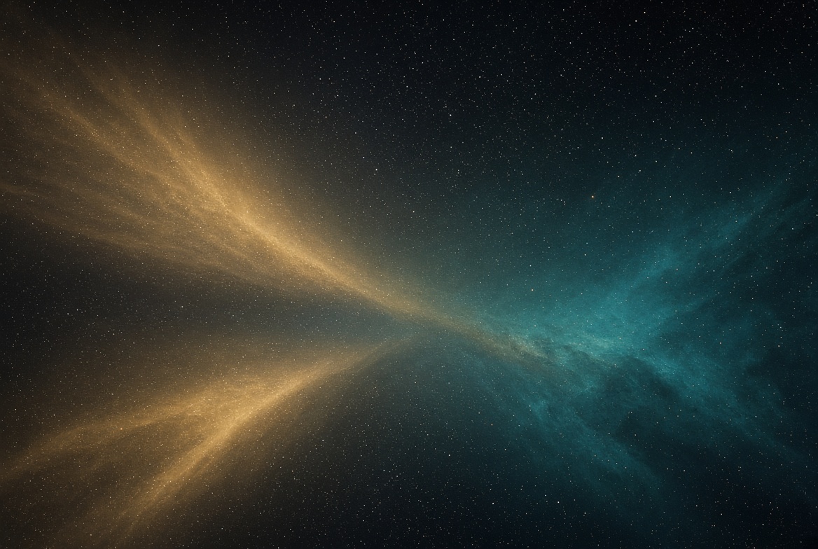 Champagne-gold and deep-teal star weather fronts meeting in deep space