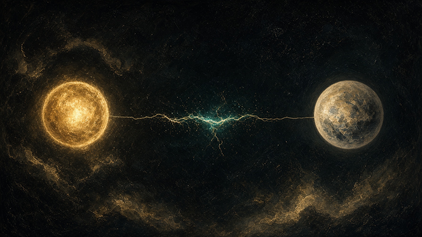Two lights held in opposition by a gold thread, teal lightning of awakening, painterly night