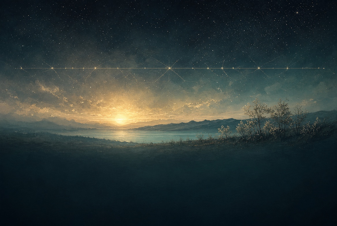 Dawn gold light on a teal horizon under a sparse star lattice