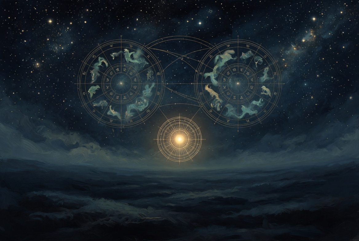 Two chart wheels under one night sky · gold arcs of shared measure · one aperture