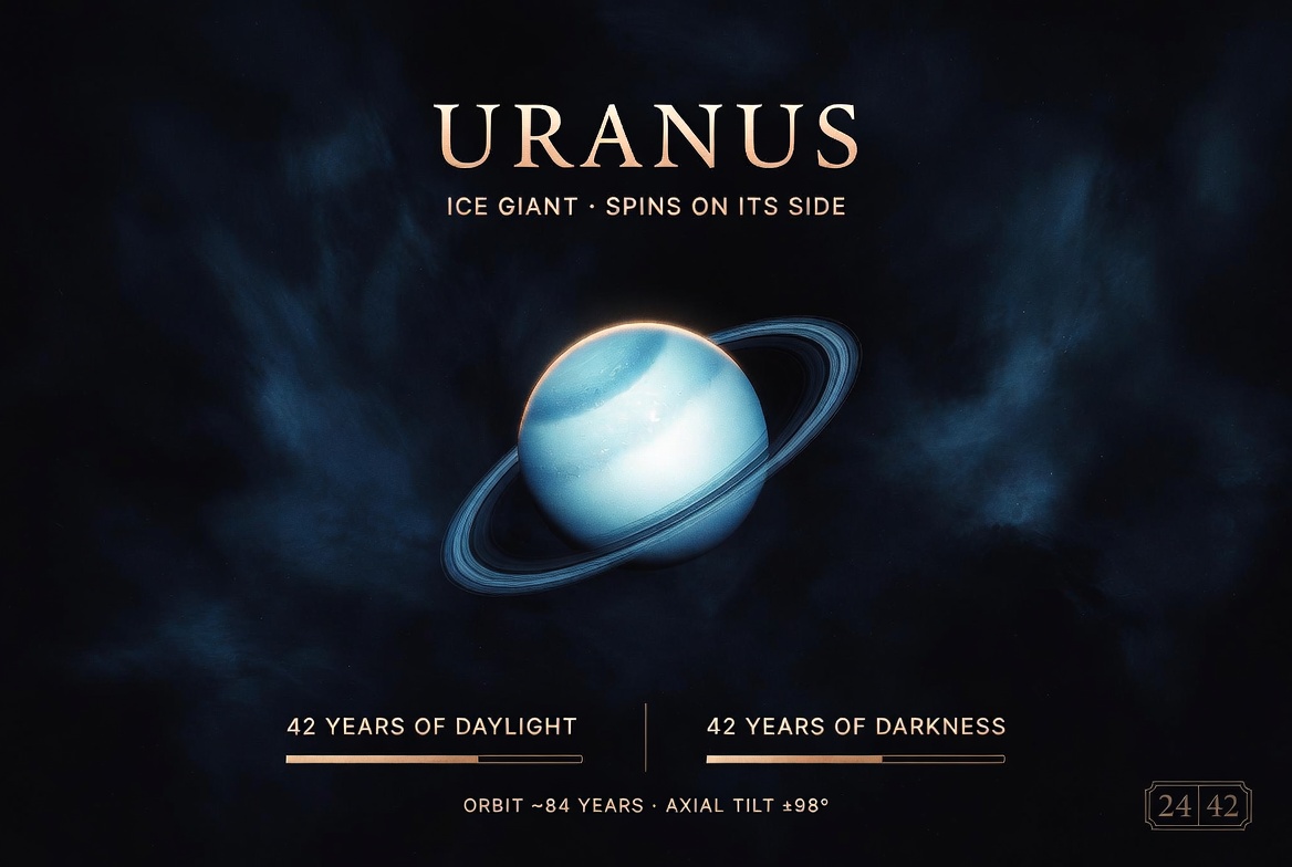 Uranus ice giant on its side · 42 years daylight · 42 years darkness, orbit ~84 years