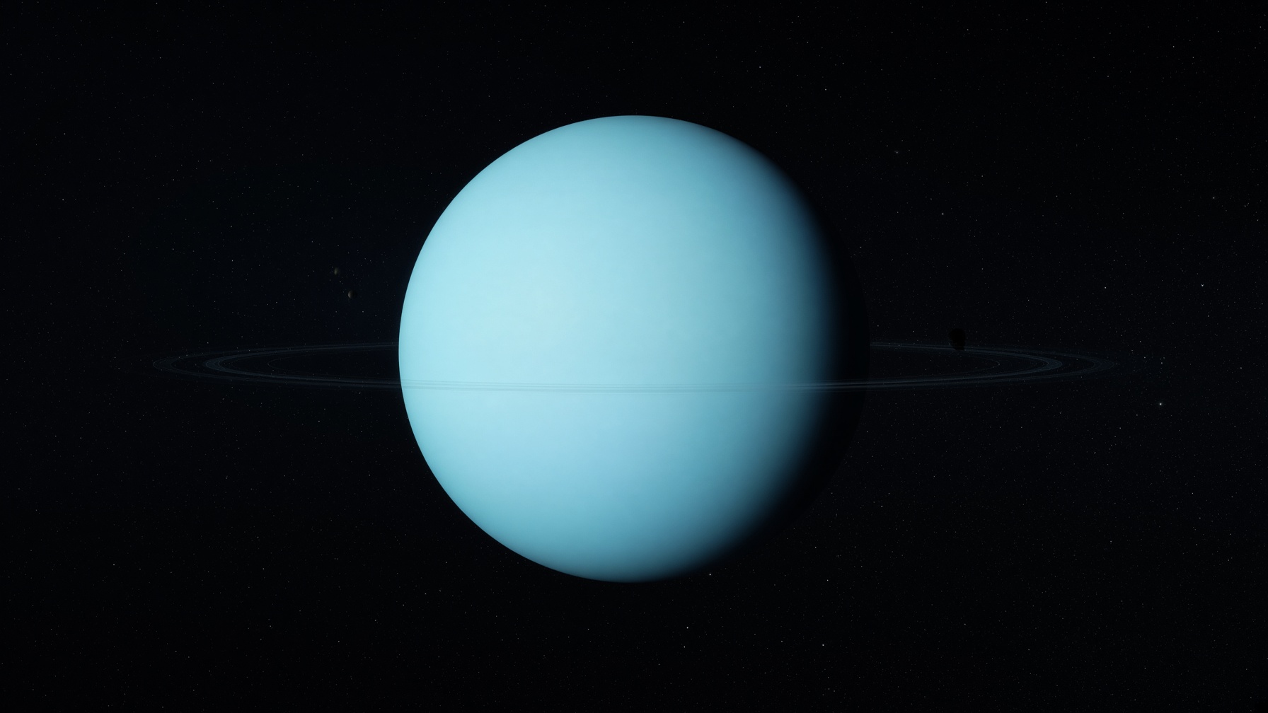 Uranus as a real ice giant: pale cyan, faint rings, complete globe in the dark.