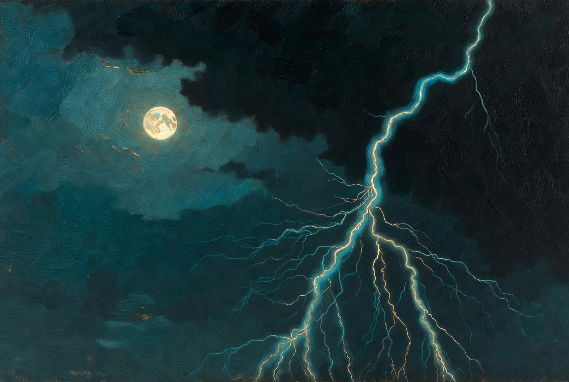Painterly Scorpio night, moon and gold-teal lightning of awakening, no chart, no zodiac wheel