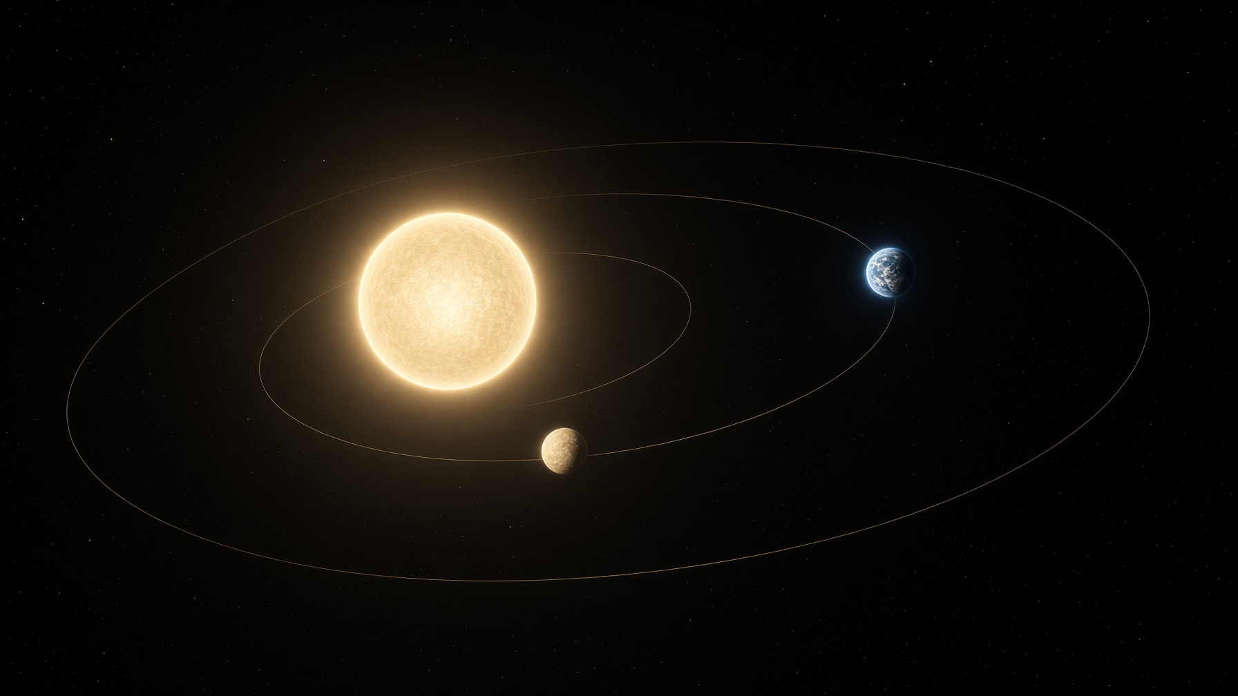 Sun, Earth, and Venus in space at the geometry of greatest elongation.