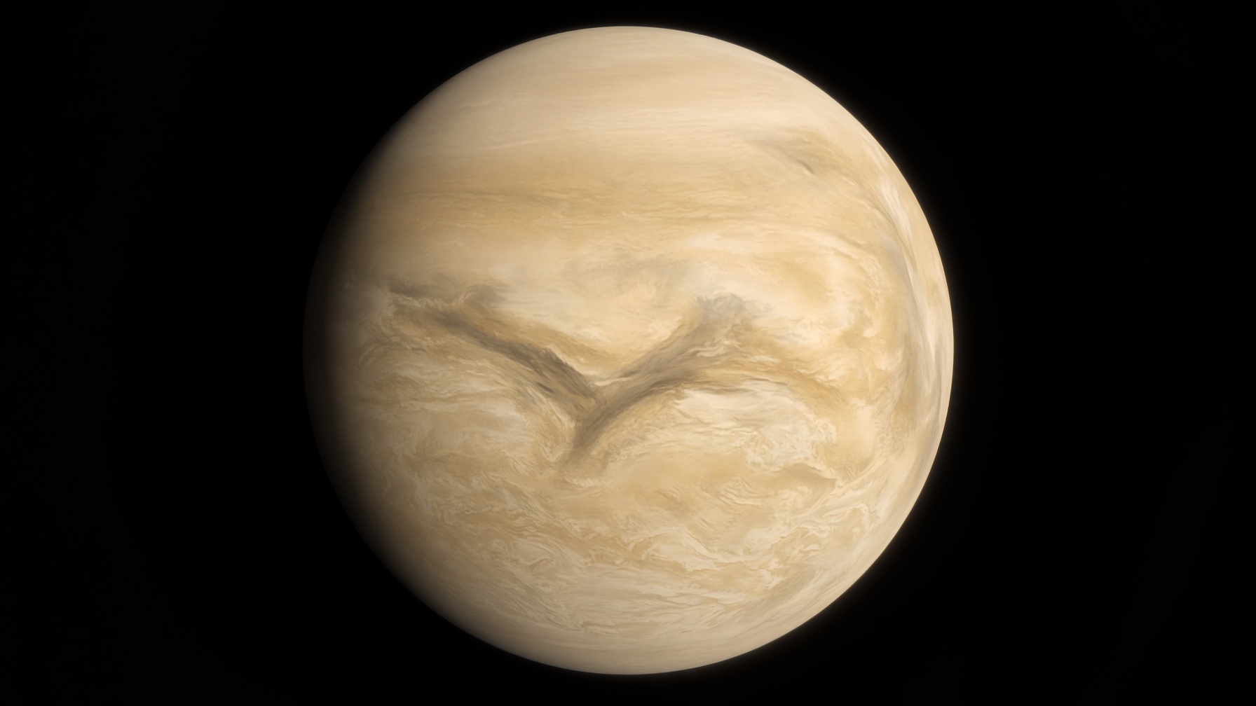 Venus as a real clouded world. Cream-ochre decks, pale limb, black void.