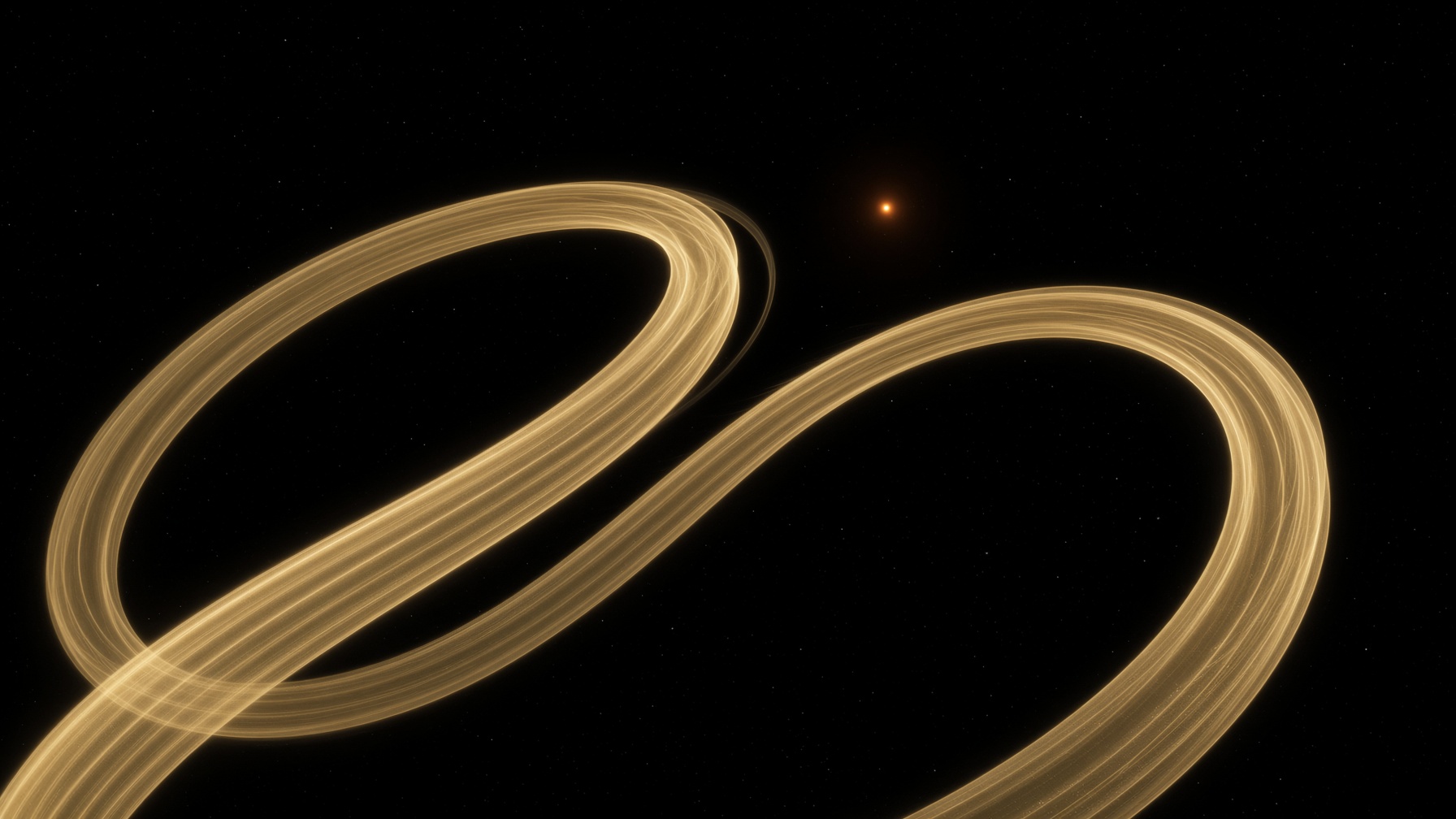 Two neighboring gold orbital loops, almost overlapping, a small gap of drift between them.
