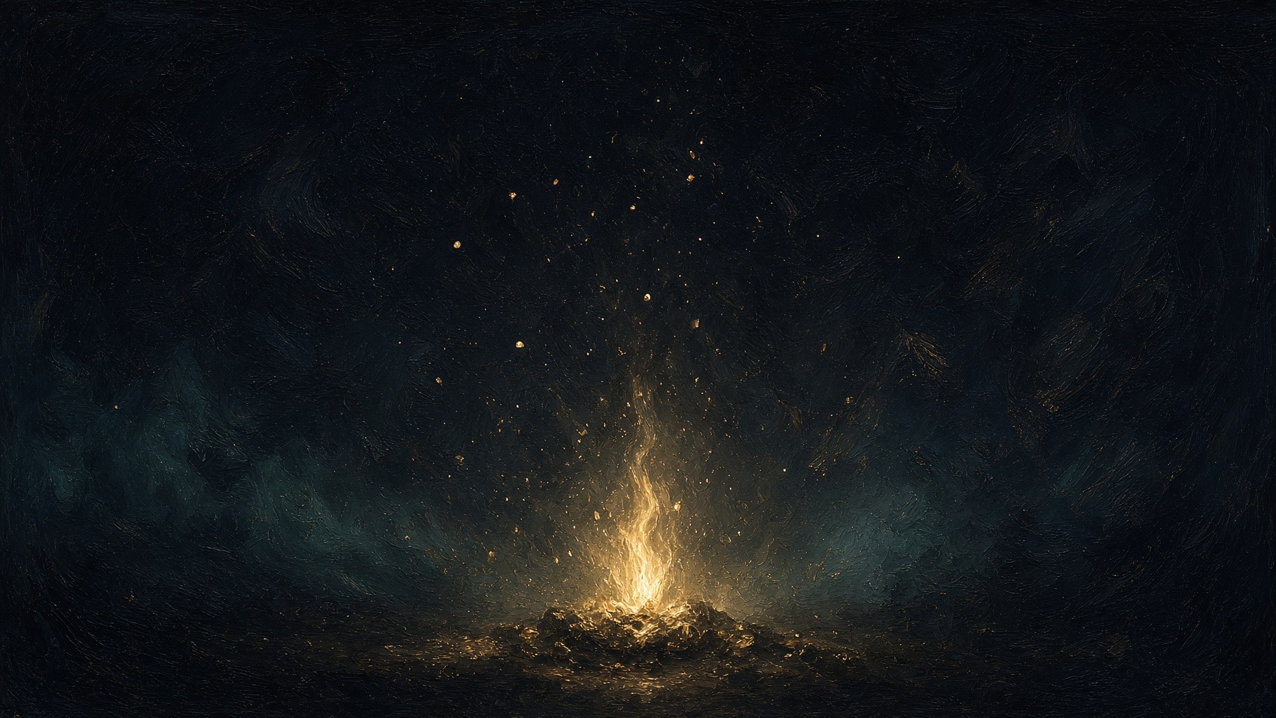 Painterly night, a single undying gold flame standing in open space, no temple, no house, no figure