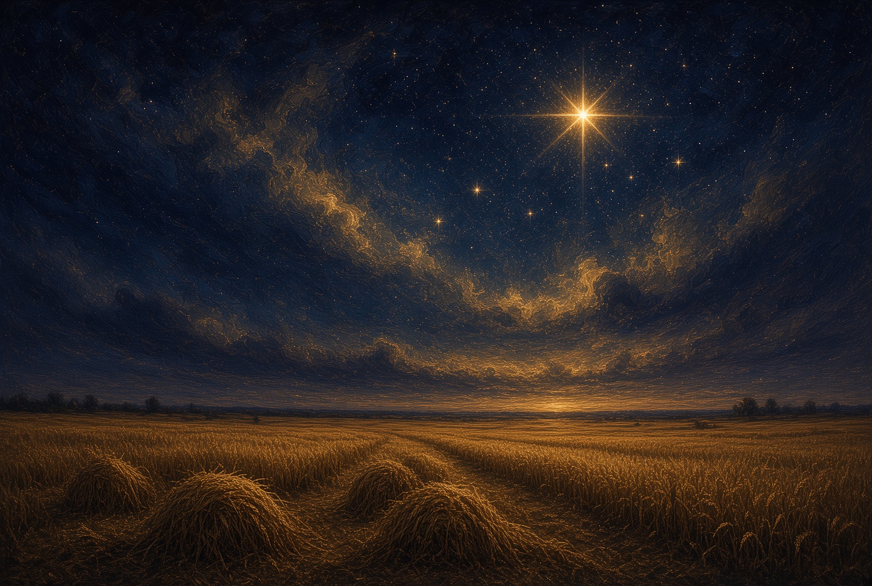 Painterly Zavijava, pure lamp over wheat · Virgin’s wing