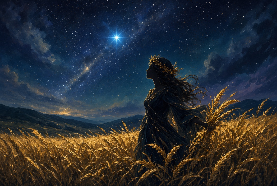 Painterly harvest night, figure among wheat under a bright star, no labels