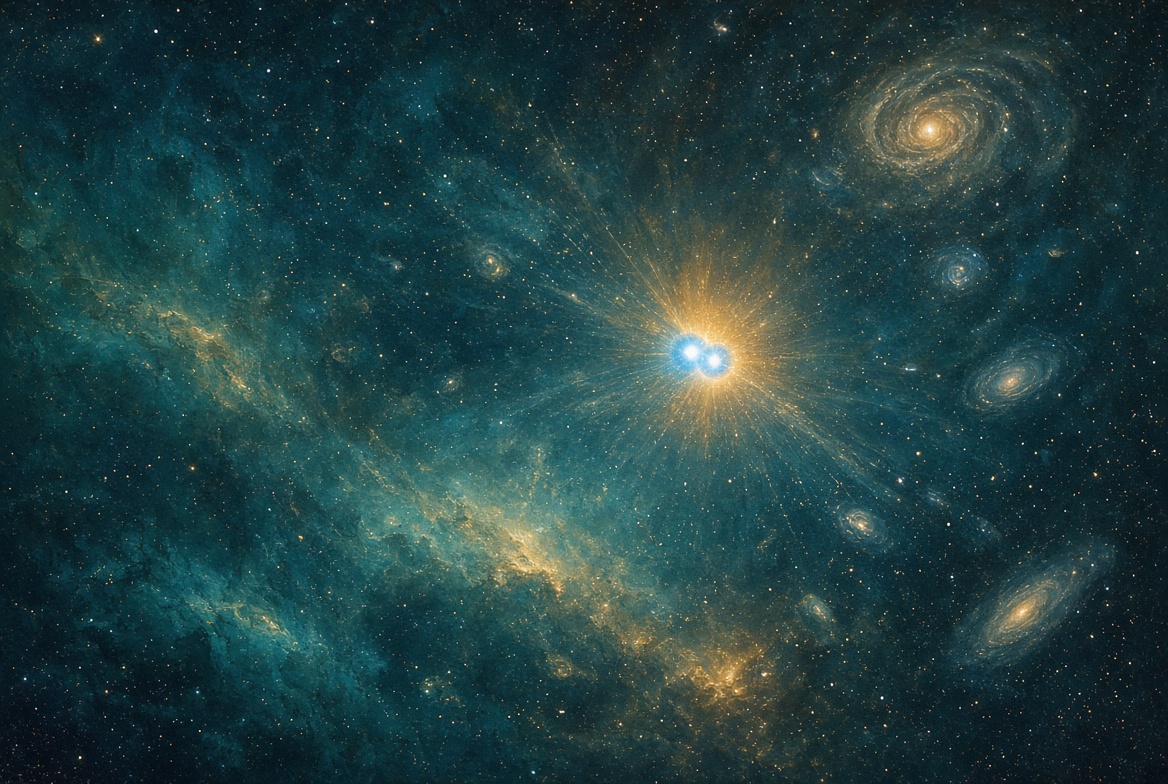 Painterly Spica as twin light with distant galaxies · Virgo region, no labels
