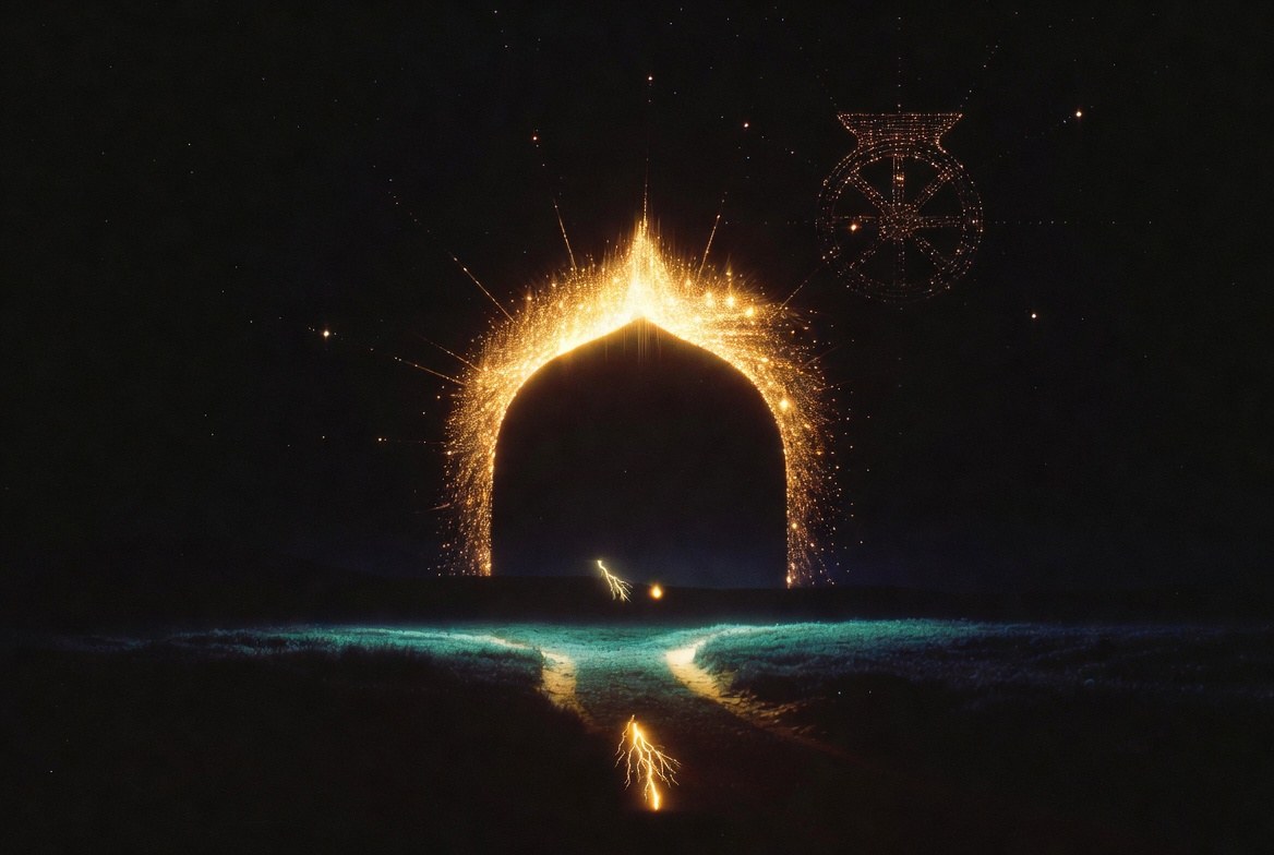 Golden triumphal arch over a forked path, dual fire light, night field teal and gold