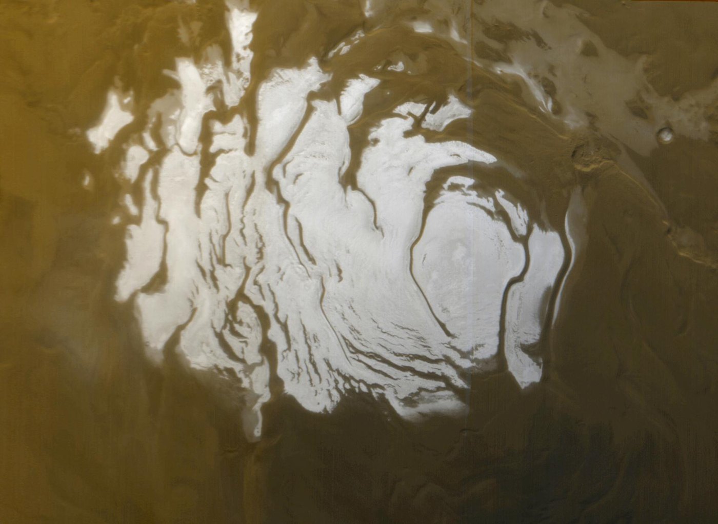 Mars south polar cap in southern summer, Mars Global Surveyor.