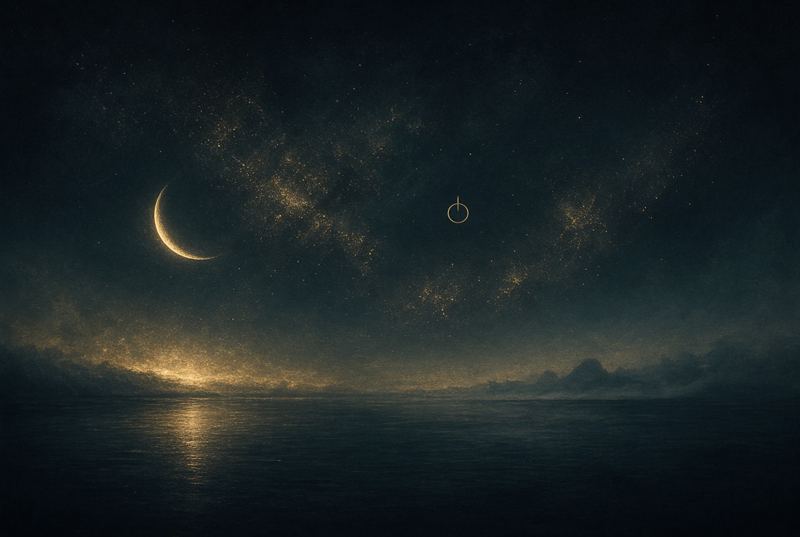 Champagne-night sky over dark water, crescent moon, single gold attention seal, origin of looking