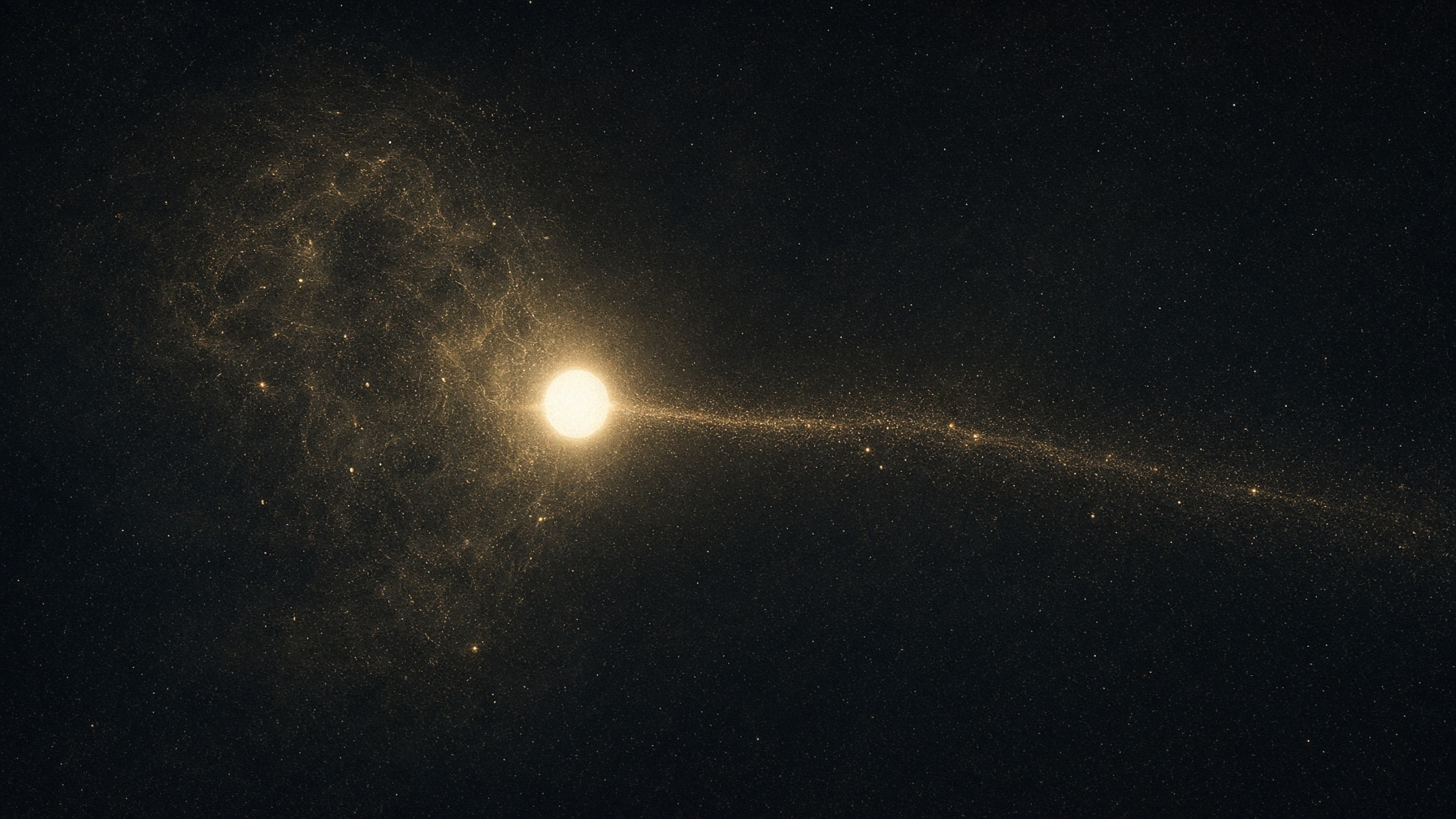 Painterly night. One white-ivory lamp at the narrowing of a lion figure made of gold dust. A tail-stream of fainter grain. No labels. Not a heart-star.