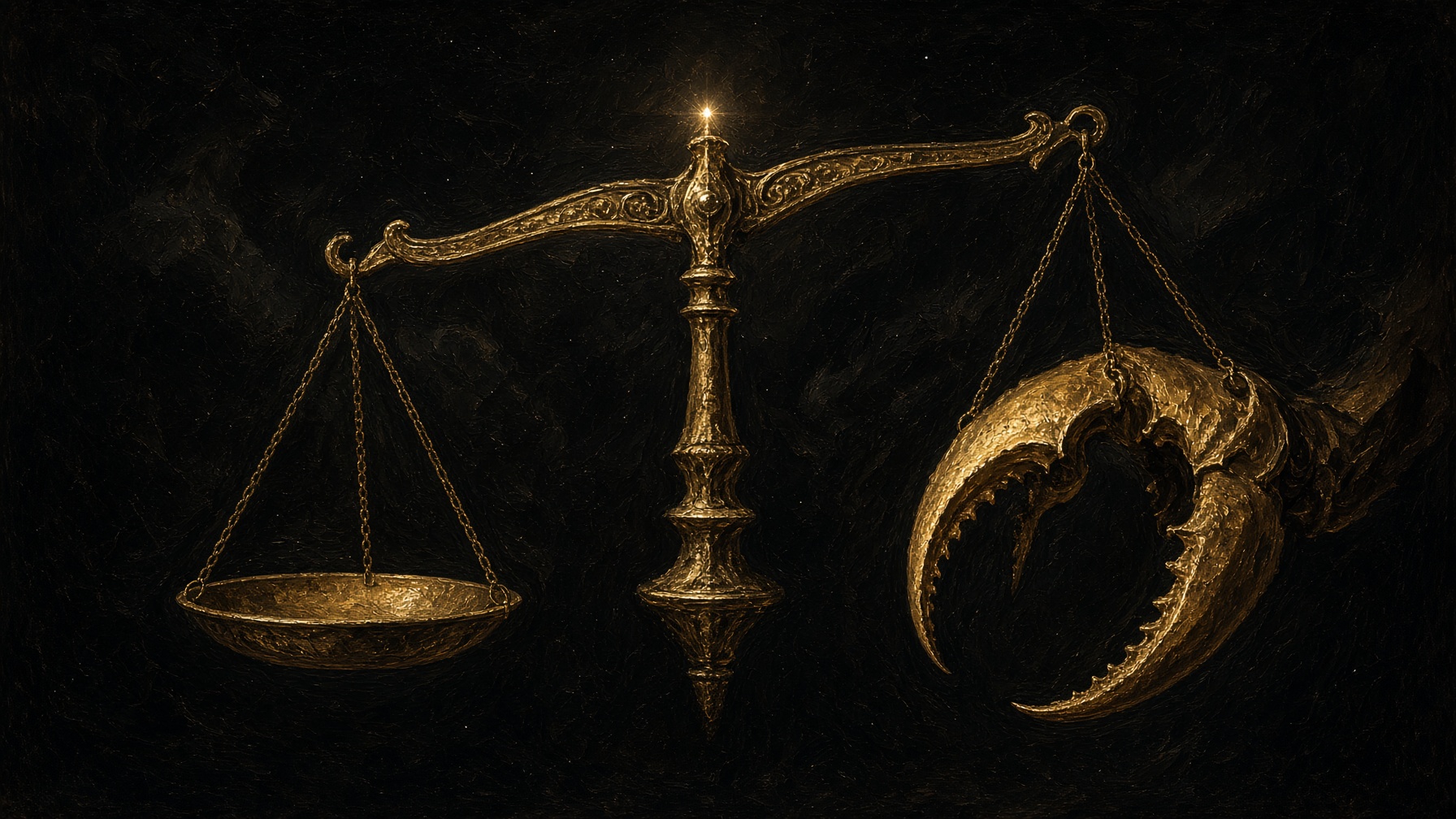 A dark claw-lamp over a balance. One consequence. Mythopoesis, not a sky map.