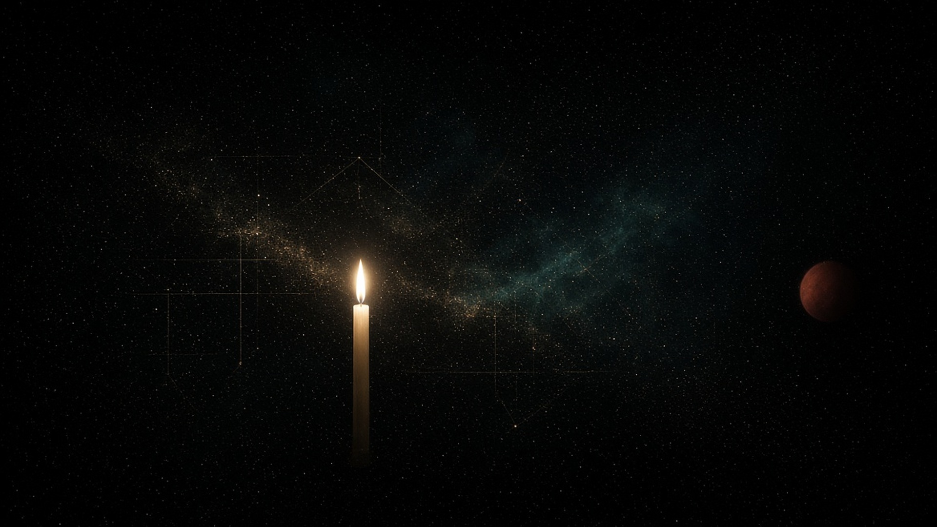 Candle of consciousness under a constellation hall · Mars on the rim · night and champagne gold · no text in art