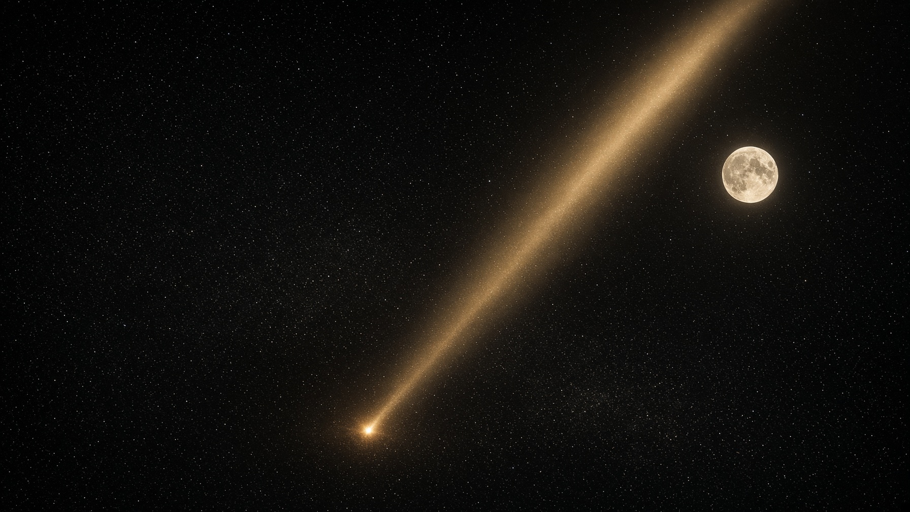 A dark sky opened by a shaft of gold-ivory light. Two pale lights on one axis.